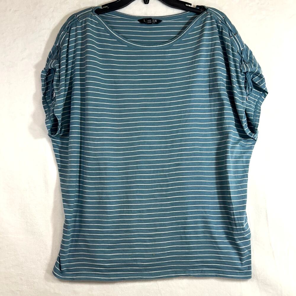 Lauren Ralph Lauren‎ XL Top Blue Striped Lace Up Shoulder Cotton Crewneck Summer
